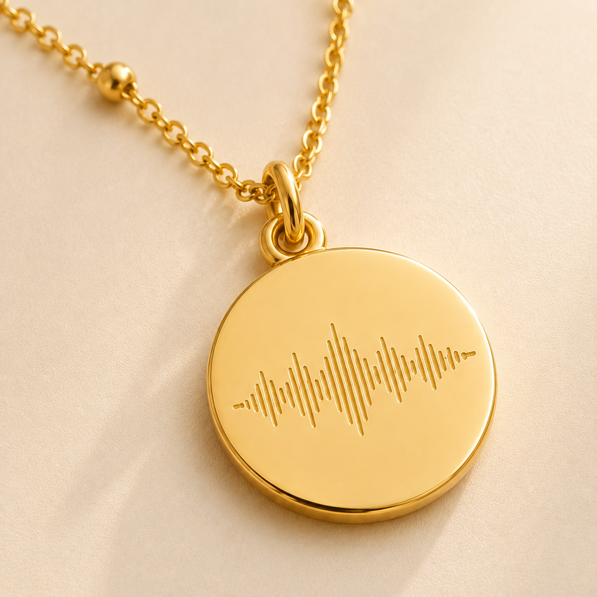 Custom Soundwave Necklace Disc Pendant worn lifestyle photo - personalized soundwave necklace Anthology Jewelry