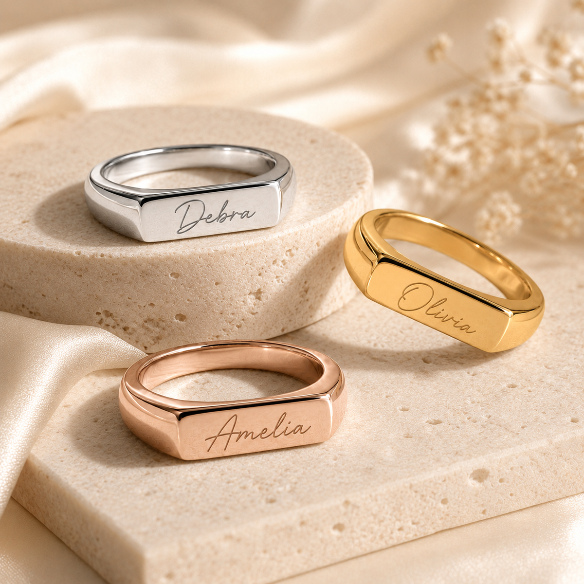 Custom handwriting ring signet style in gold silver and rose gold finishes - Anthology Jewelry