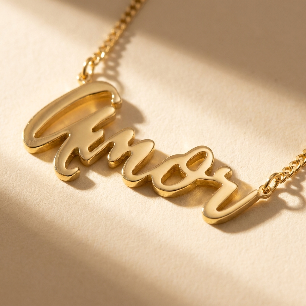 "Amor" Necklace detail photo - close-up of polished gold script lettering Anthology Jewelry