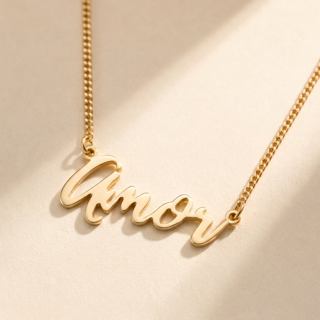 "Amor" Necklace hero photo - gold script cutout pendant on cream background Anthology Jewelry