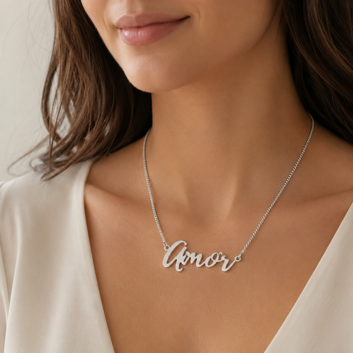 "Amor" Necklace lifestyle photo - personalized script pendant styled Anthology Jewelry