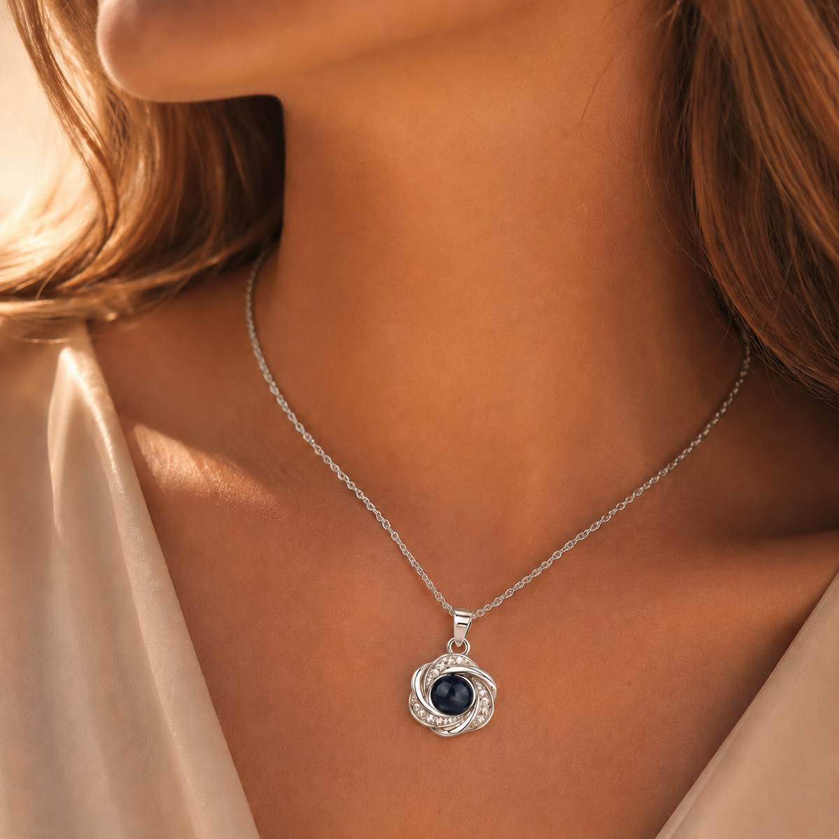 Silver flower photo projection necklace lifestyle sunset - Anthology Jewelry