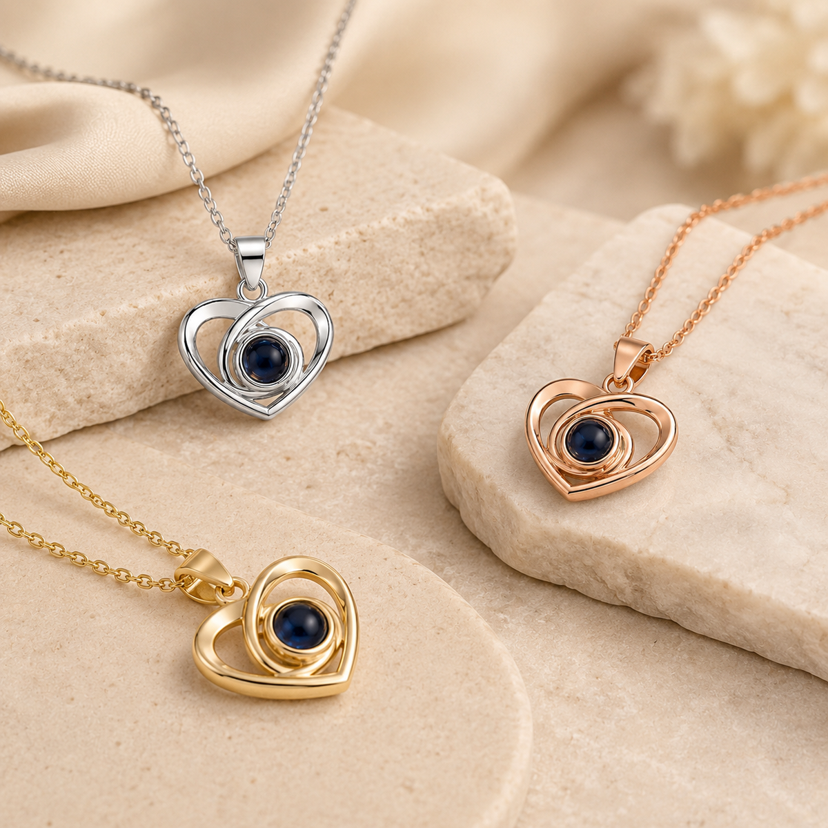 Photo projection necklace three metal colors double heart pendant with blue center gem - Anthology Jewelry