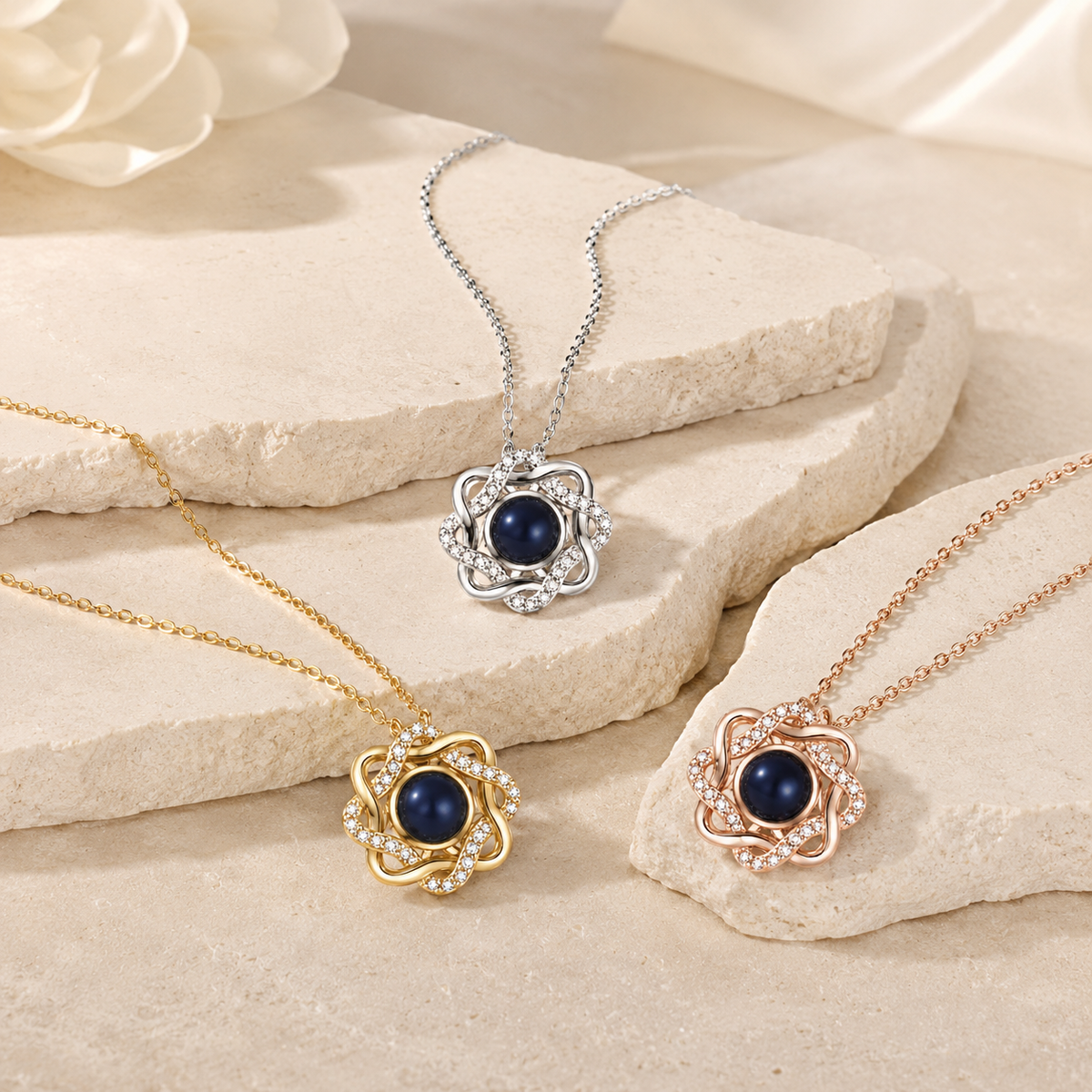 Photo projection necklace three metal colors flower pendant with blue center gem - Anthology Jewelry