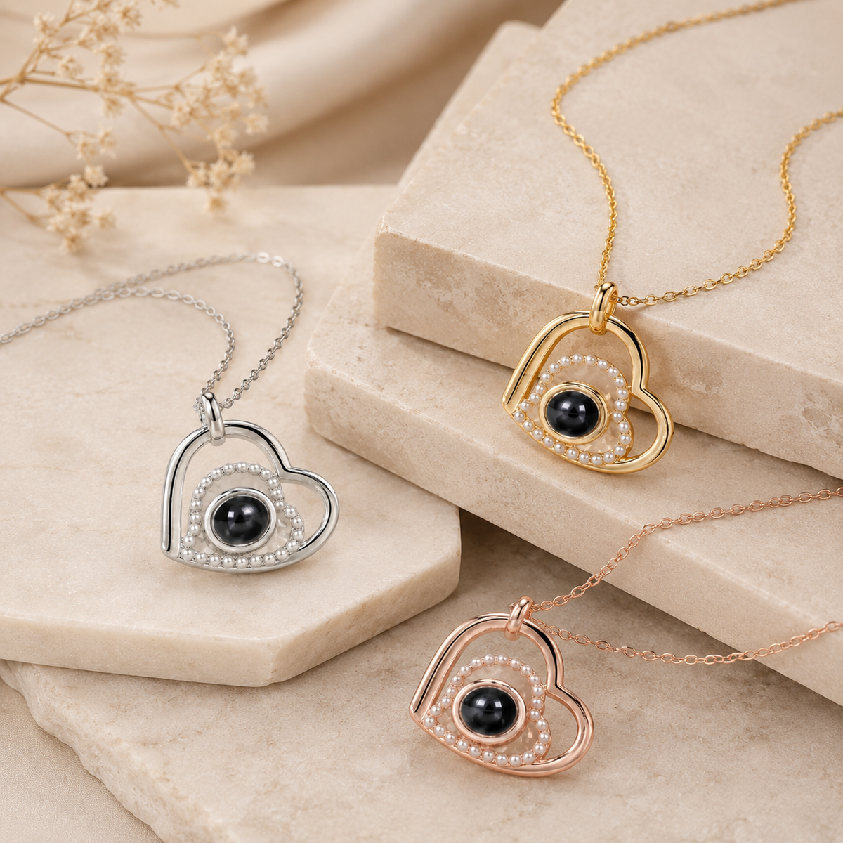 Photo projection necklace three metal colors heart locket hidden photo with blue center gem - Anthology Jewelry