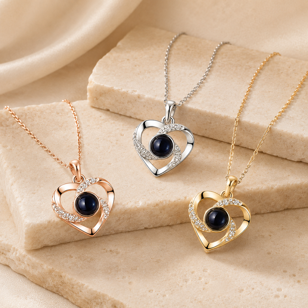 Photo projection necklace three metal colors swirl heart pendant with blue center gem - Anthology Jewelry