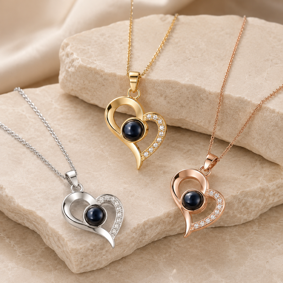 Photo necklace three metal colors open heart with photo circle - Anthology Jewelry