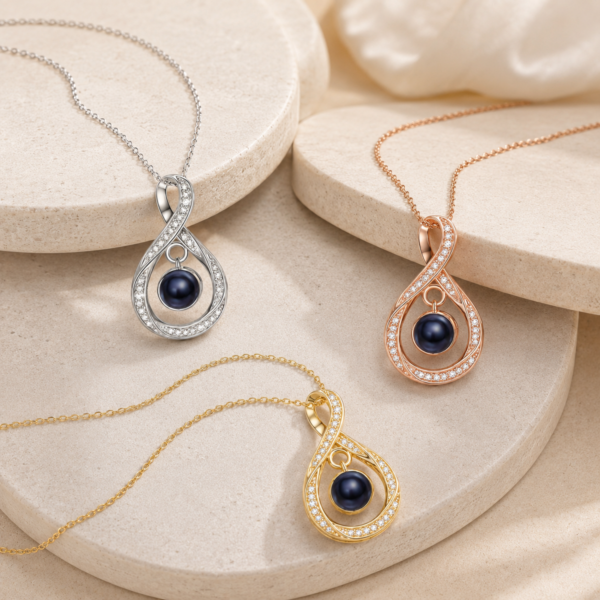 Photo projection necklace three metal colors teardrop infinity pendant with blue center gem - Anthology Jewelry