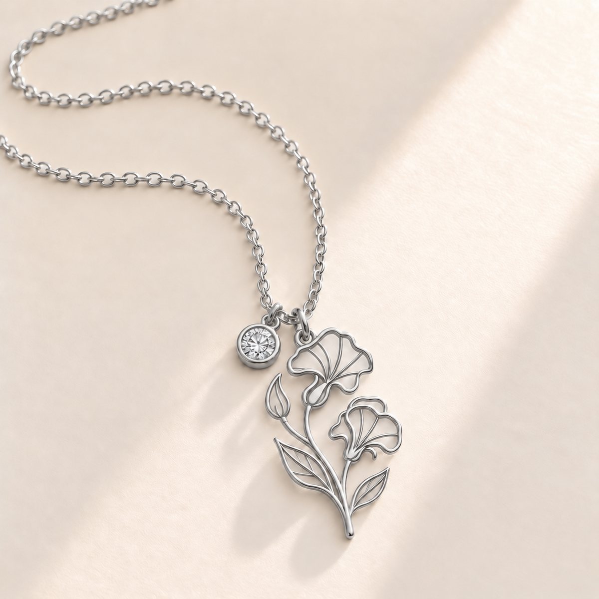 Custom Birth Flower & Birthstone Necklace hero photo - Silver April sweet pea birth flower charm with Diamond birthstone Anthology Jewelry