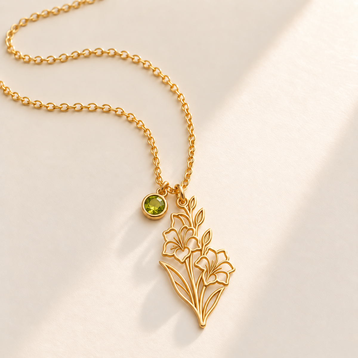 Custom Birth Flower & Birthstone Necklace hero photo - Gold August gladiolus birth flower charm with Peridot birthstone Anthology Jewelry
