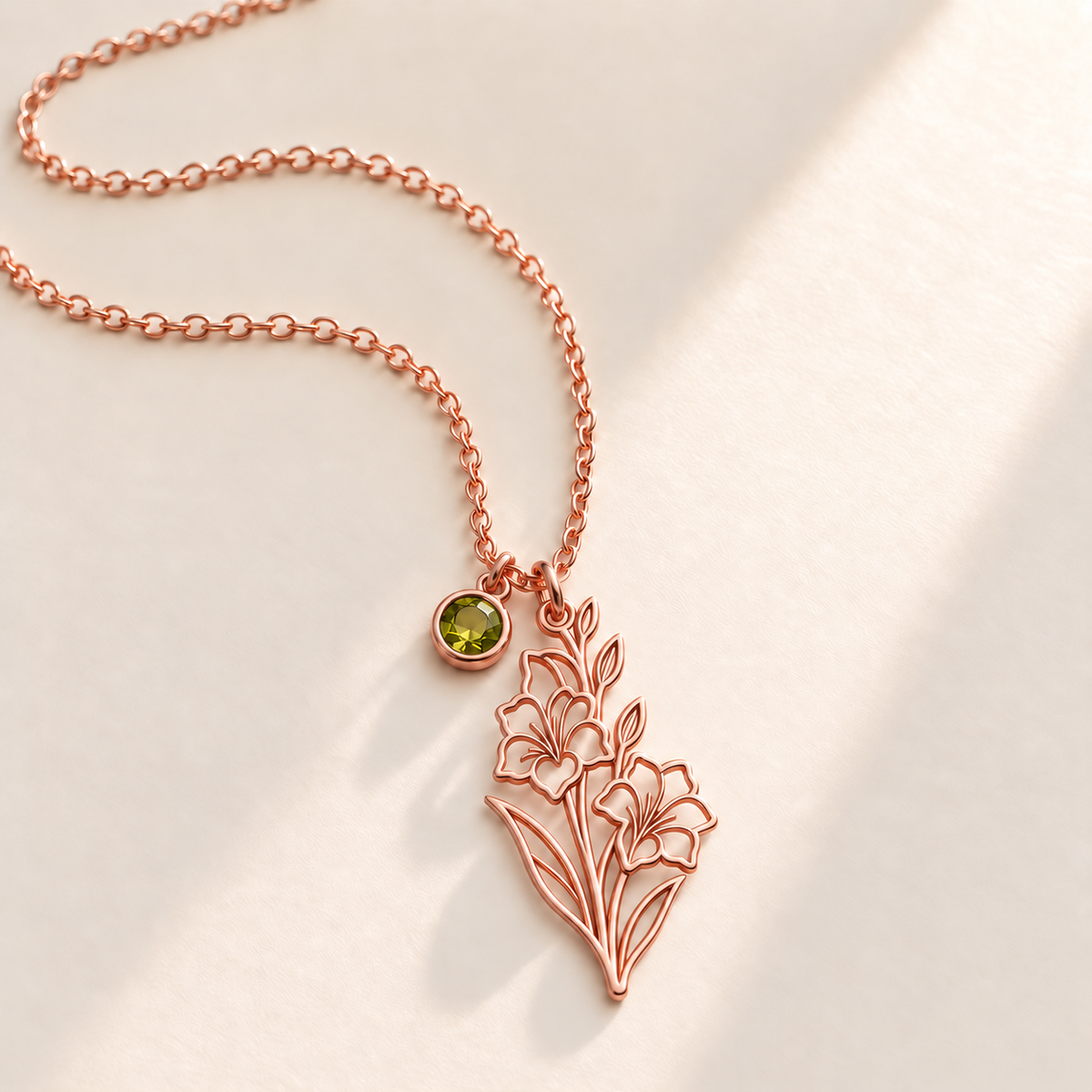 Custom Birth Flower & Birthstone Necklace hero photo - Rose Gold August gladiolus birth flower charm with Peridot birthstone Anthology Jewelry