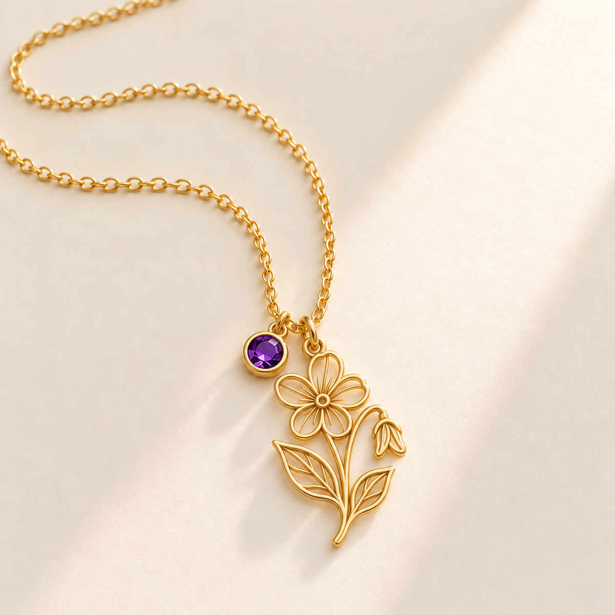 Custom Birth Flower & Birthstone Necklace hero photo - Gold February violet birth flower charm with Amethyst birthstone Anthology Jewelry