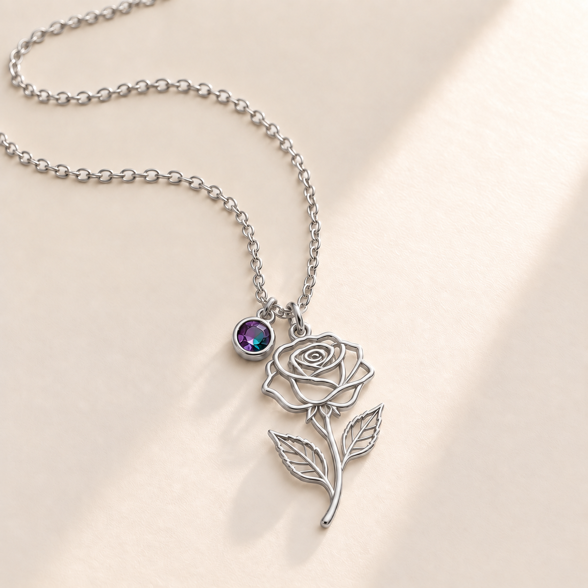 Custom Birth Flower & Birthstone Necklace hero photo - Silver June rose birth flower charm with Alexandrite birthstone Anthology Jewelry