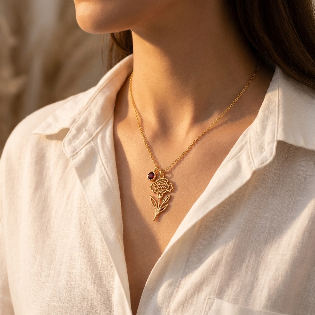 Custom Birth Flower & Birthstone Necklace lifestyle photo - gold birth flower necklace with birthstone drop worn with white linen shirt Anthology Jewelry