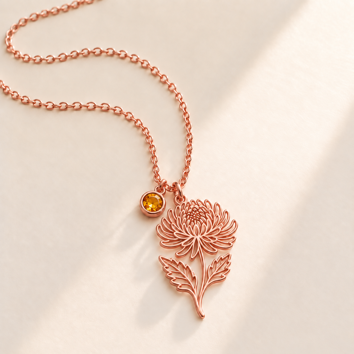 Custom Birth Flower & Birthstone Necklace hero photo - Rose Gold November chrysanthemum birth flower charm with Citrine birthstone Anthology Jewelry