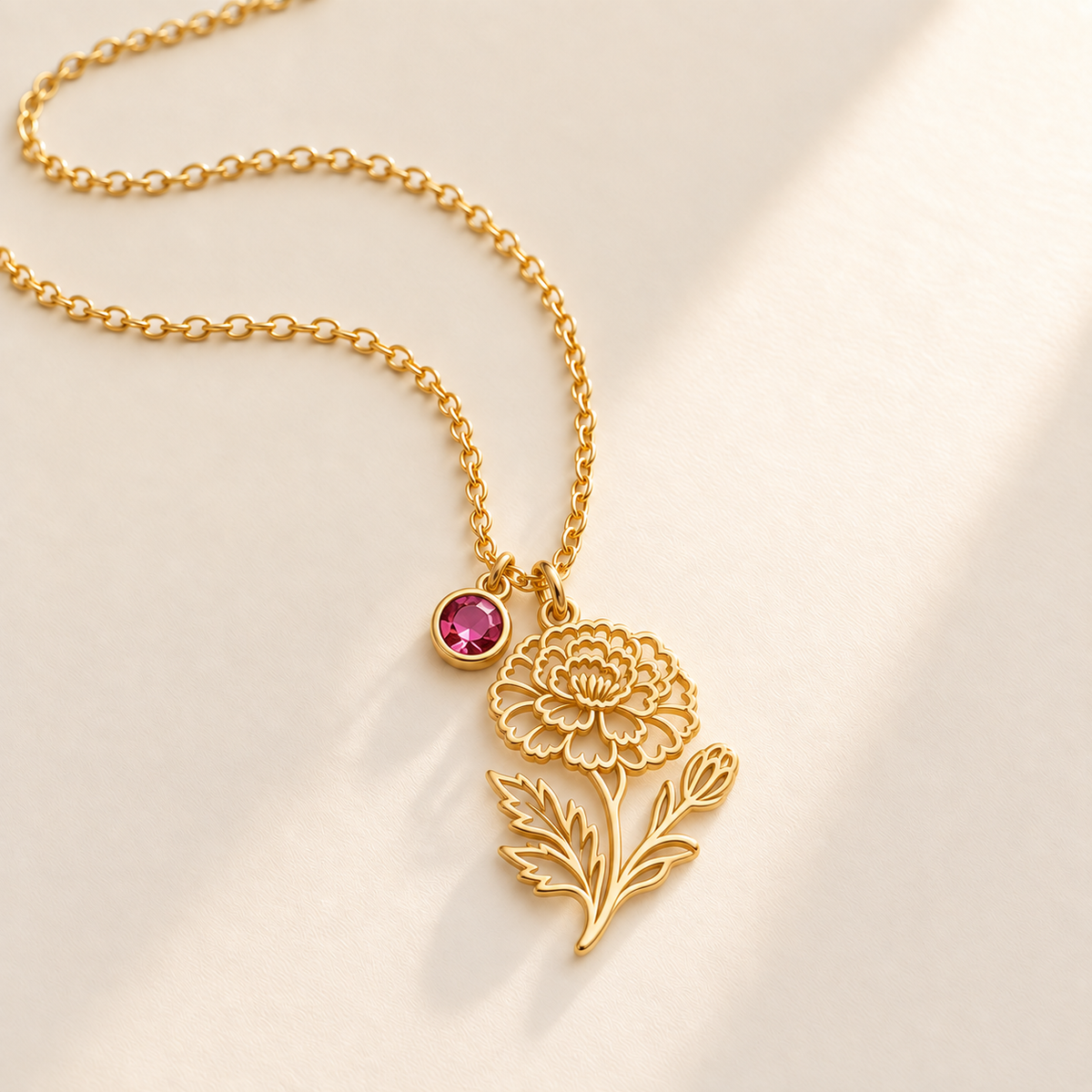 Custom Birth Flower & Birthstone Necklace hero photo - Gold October marigold birth flower charm with Tourmaline birthstone Anthology Jewelry