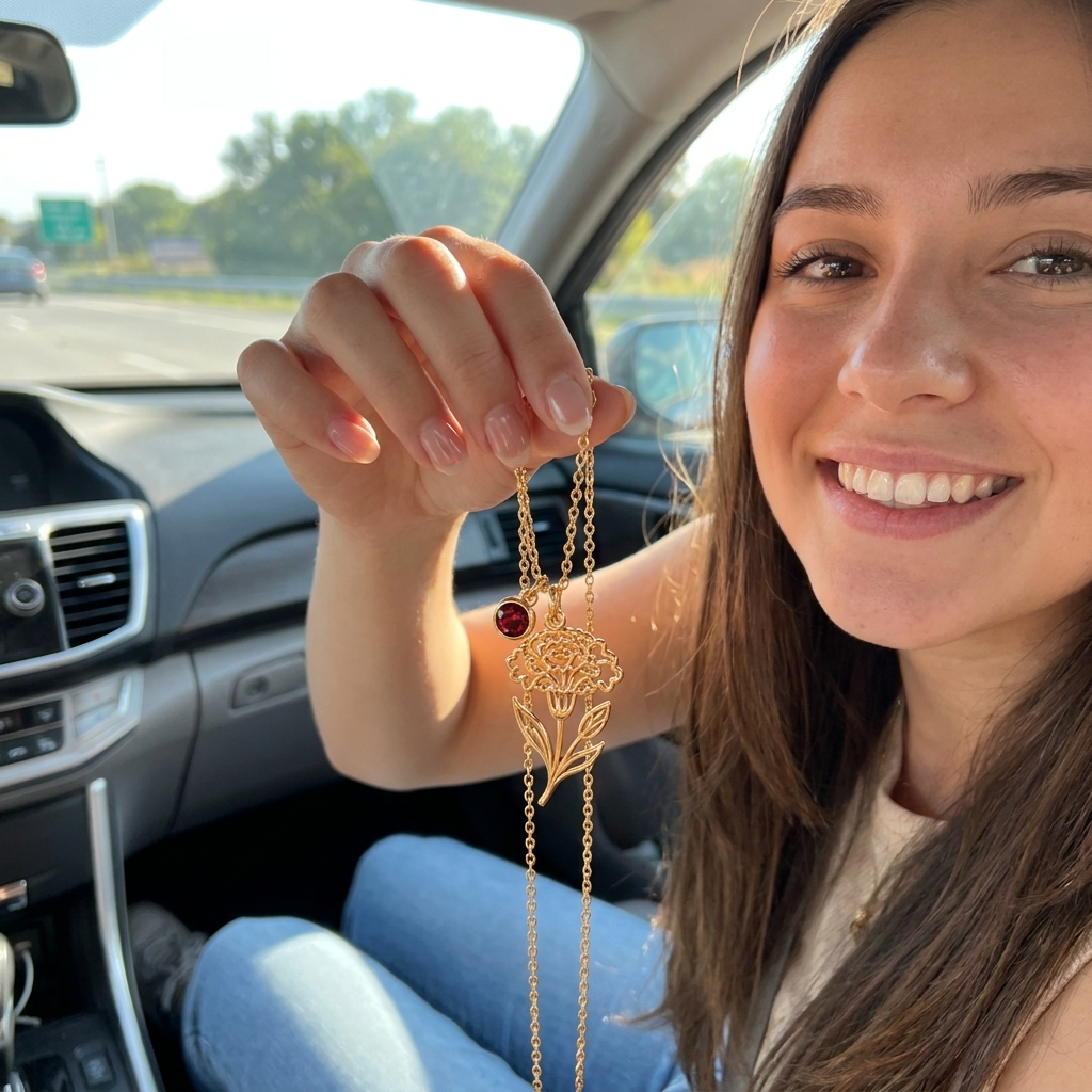 Custom Birth Flower & Birthstone Necklace UGC photo - customer holding up gold carnation birth flower and garnet birthstone necklace Anthology Jewelry
