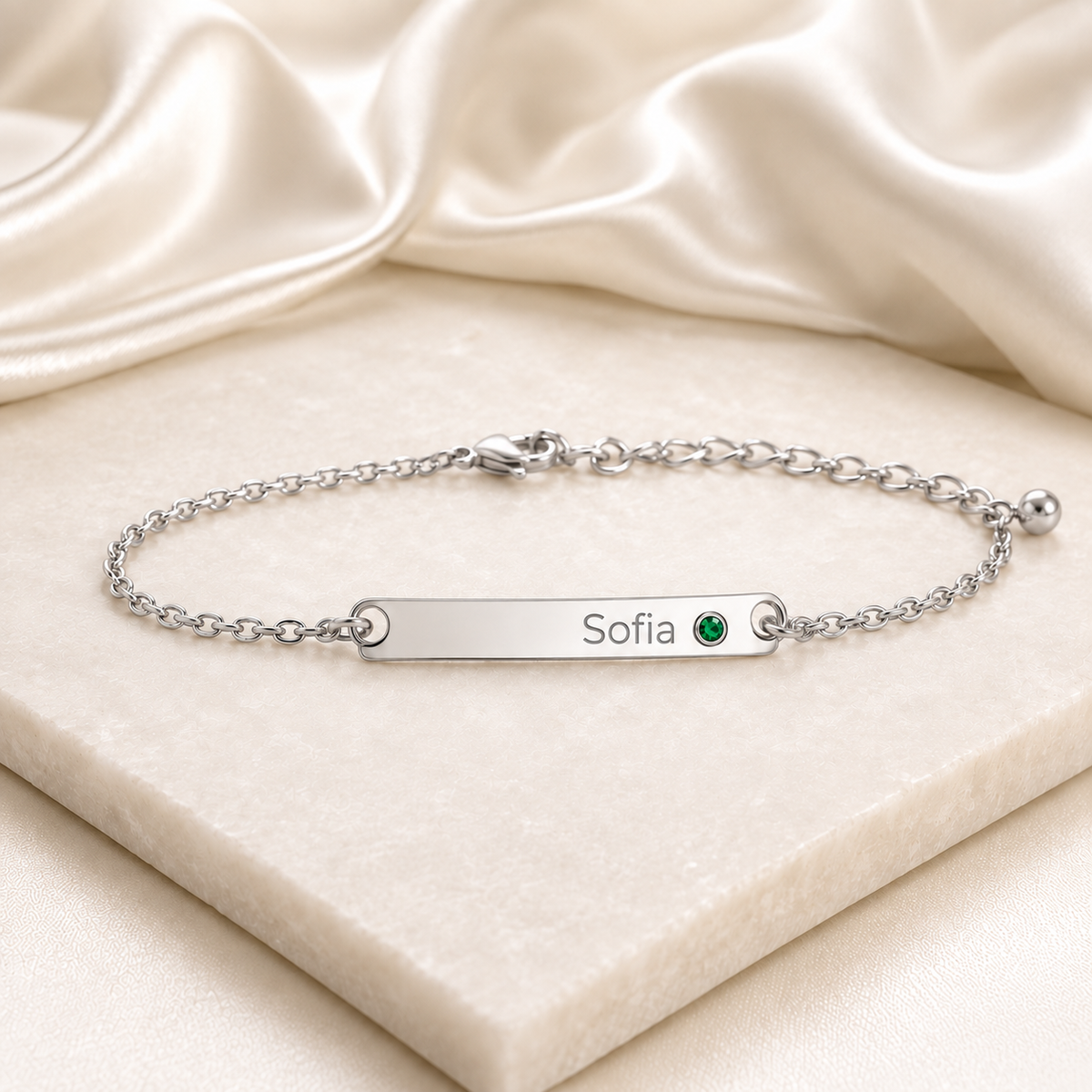 Birthstone Bar Bracelet glamour photo - silver Sofia engraving and smaller round green gemstone Anthology Jewelry