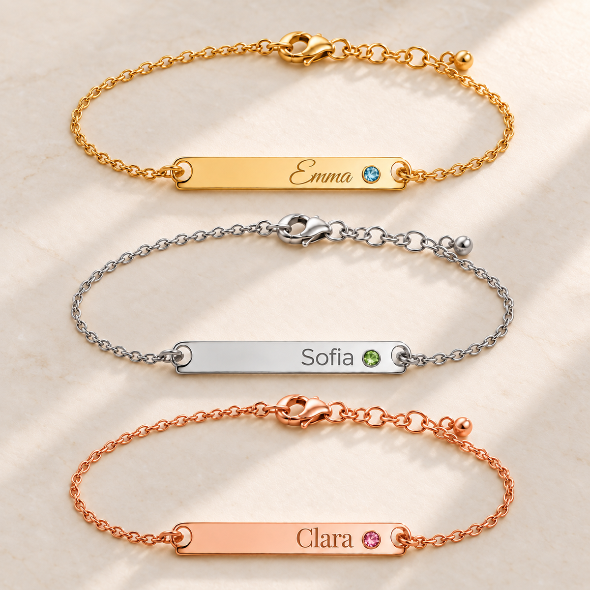 Birthstone Bar Bracelet glamour photo - three finishes with Emma, Sofia, and Clara engraving Anthology Jewelry