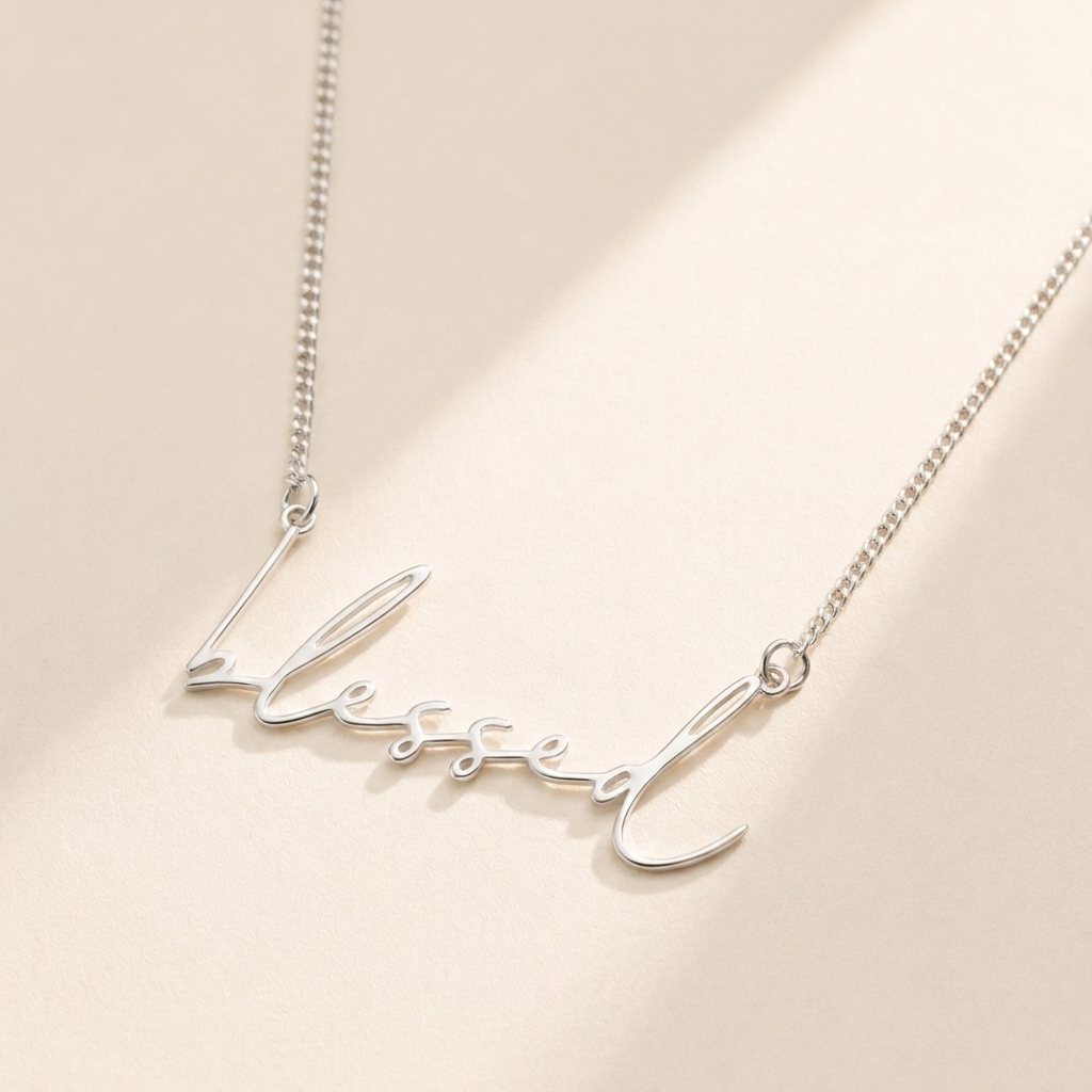 "Blessed" Necklace hero photo - sterling silver script cutout pendant on cream background Anthology Jewelry