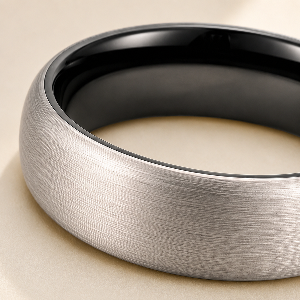 Classic Brushed Tungsten Wedding Band detail photo - close-up of brushed exterior and black interior finish Anthology Jewelry