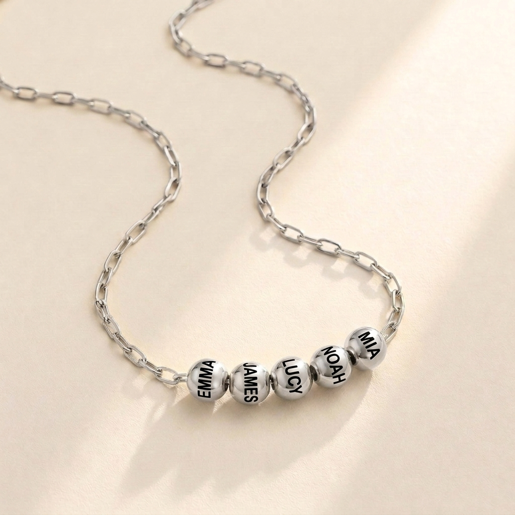 Custom Add-A-Bead Necklace silver hero photo - engraved name beads Anthology Jewelry