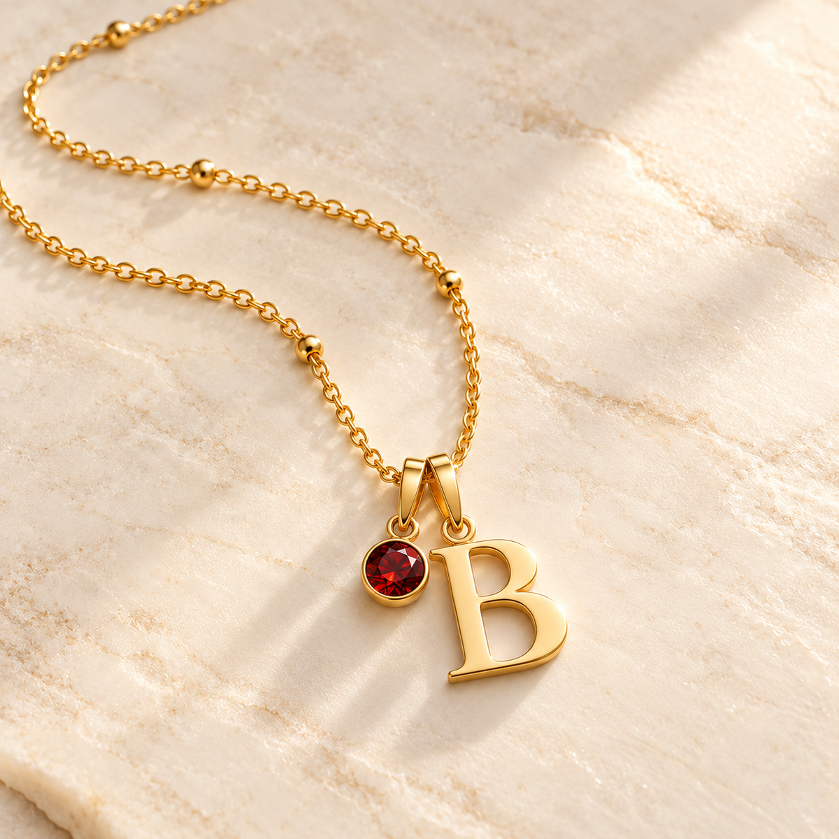 Custom Birthstone Initial Necklace glamour 1 photo - two separate bails with serif initial B and round birthstone Anthology Jewelry