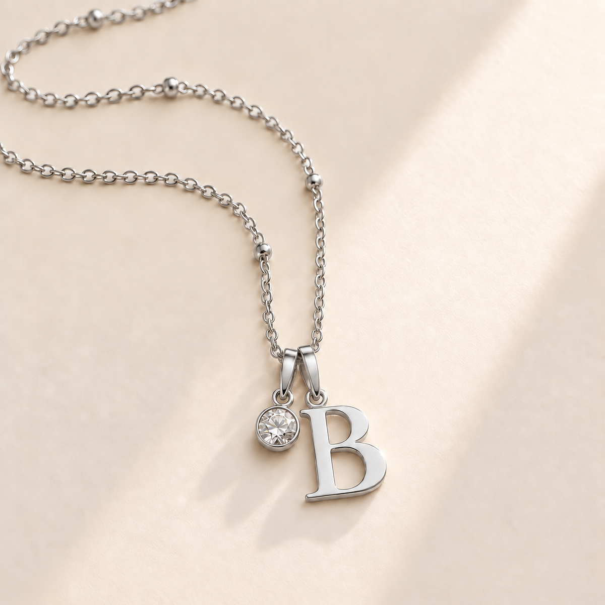 Custom Birthstone Initial Necklace april silver birthstone photo - serif initial B with round birthstone Anthology Jewelry
