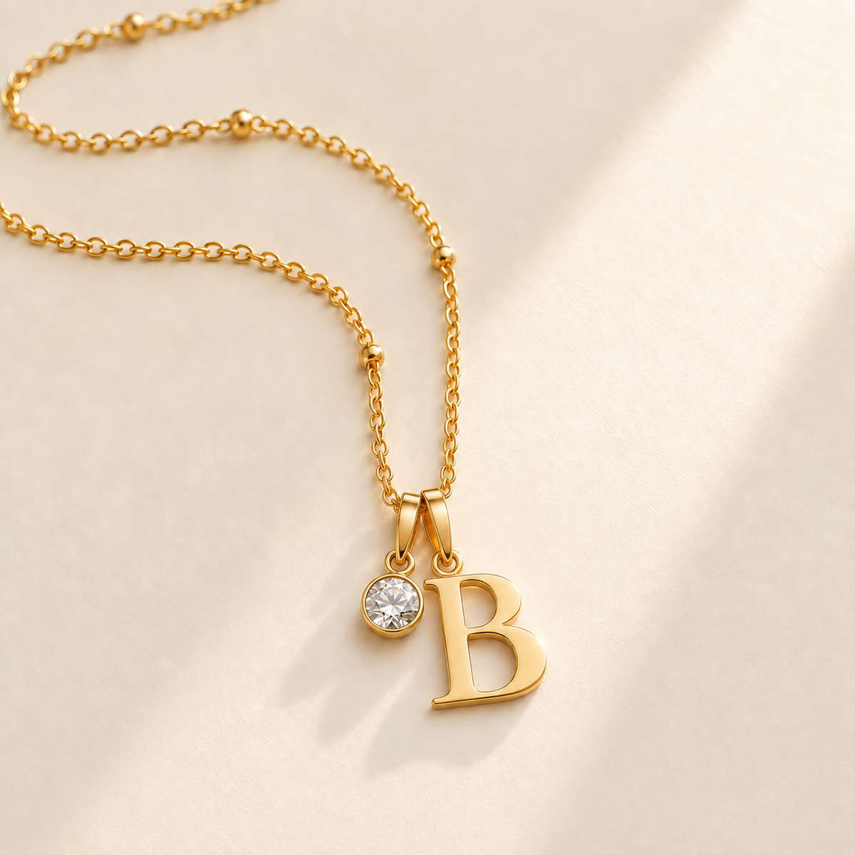 Custom Birthstone Initial Necklace stone april photo - two separate bails with serif initial B and round birthstone Anthology Jewelry