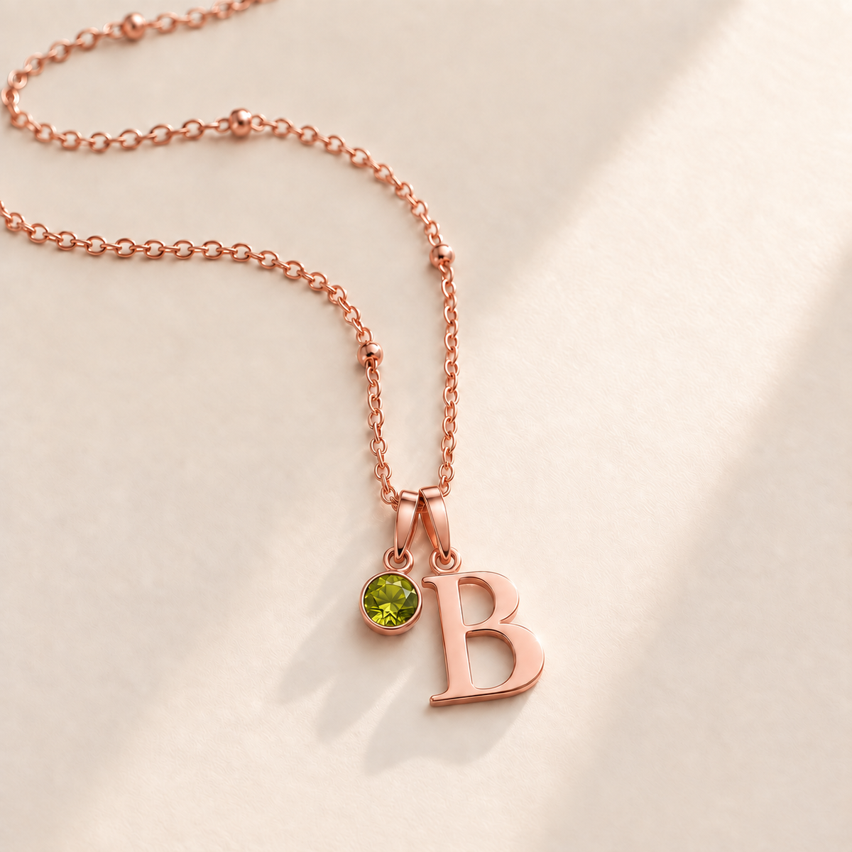Custom Birthstone Initial Necklace august rose gold birthstone photo - serif initial B with round birthstone Anthology Jewelry