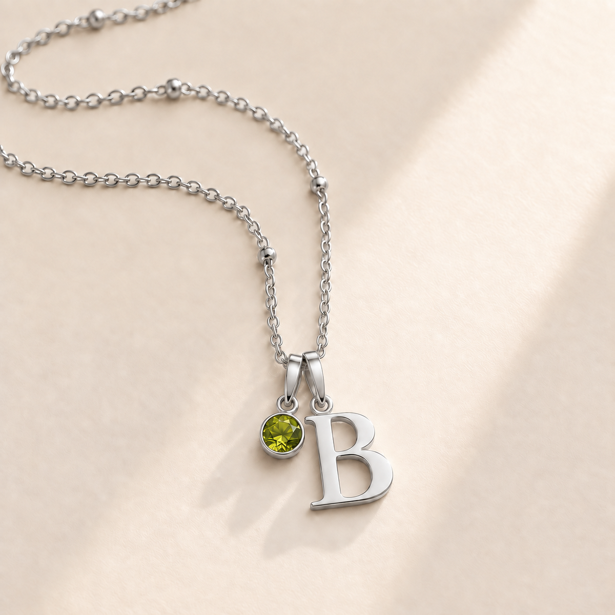 Custom Birthstone Initial Necklace august silver birthstone photo - serif initial B with round birthstone Anthology Jewelry