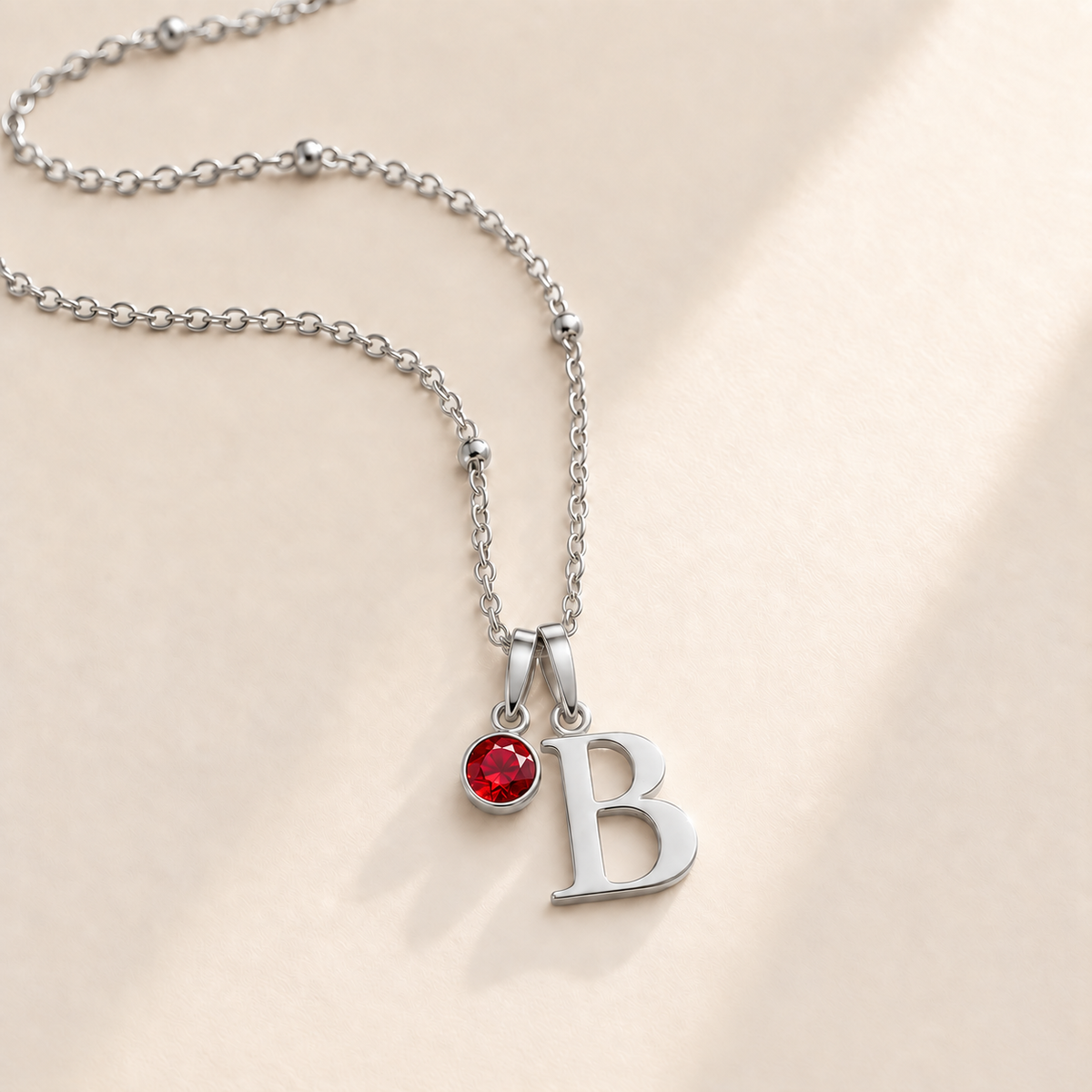 Custom Birthstone Initial Necklace july silver birthstone photo - serif initial B with round birthstone Anthology Jewelry