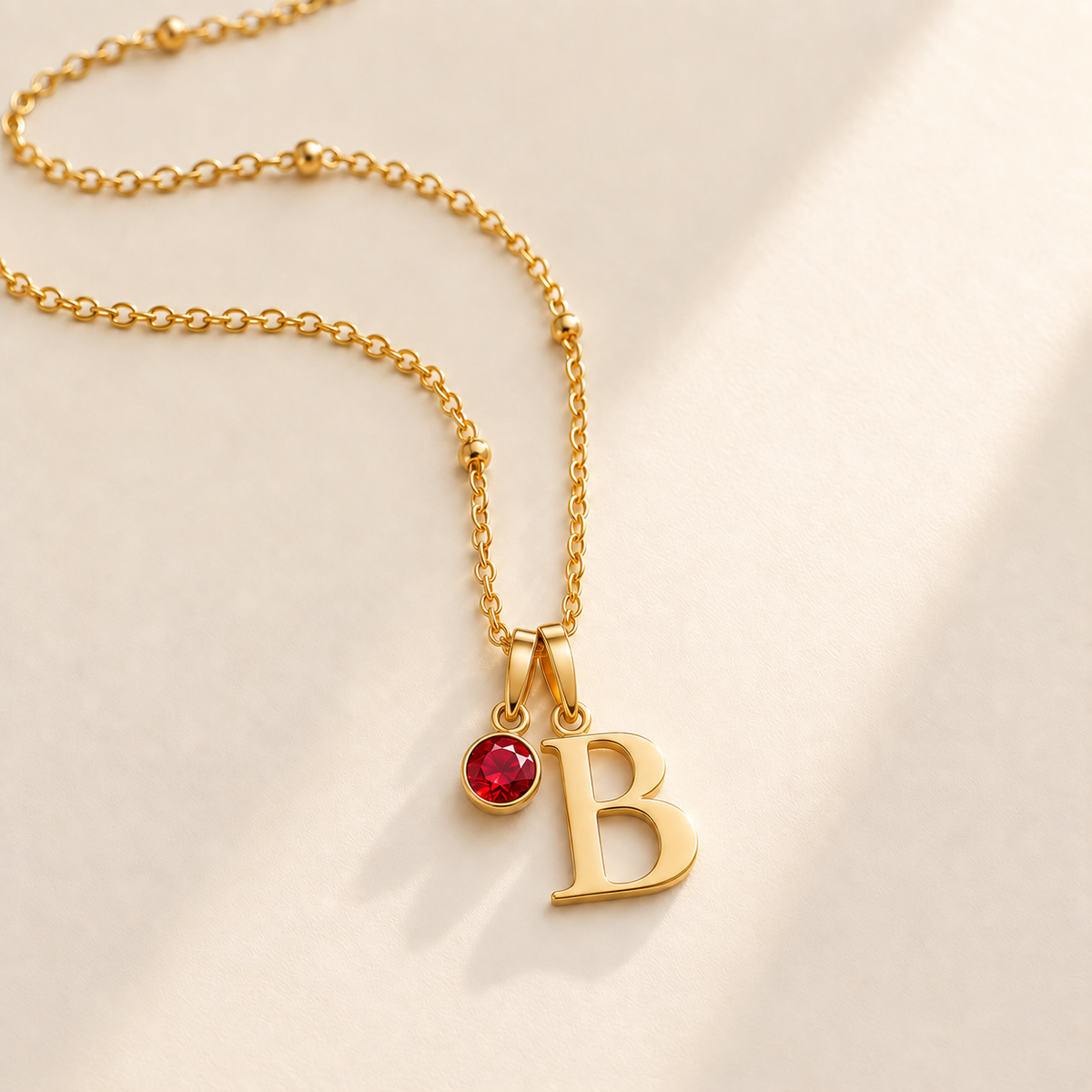 Custom Birthstone Initial Necklace stone july photo - two separate bails with serif initial B and round birthstone Anthology Jewelry
