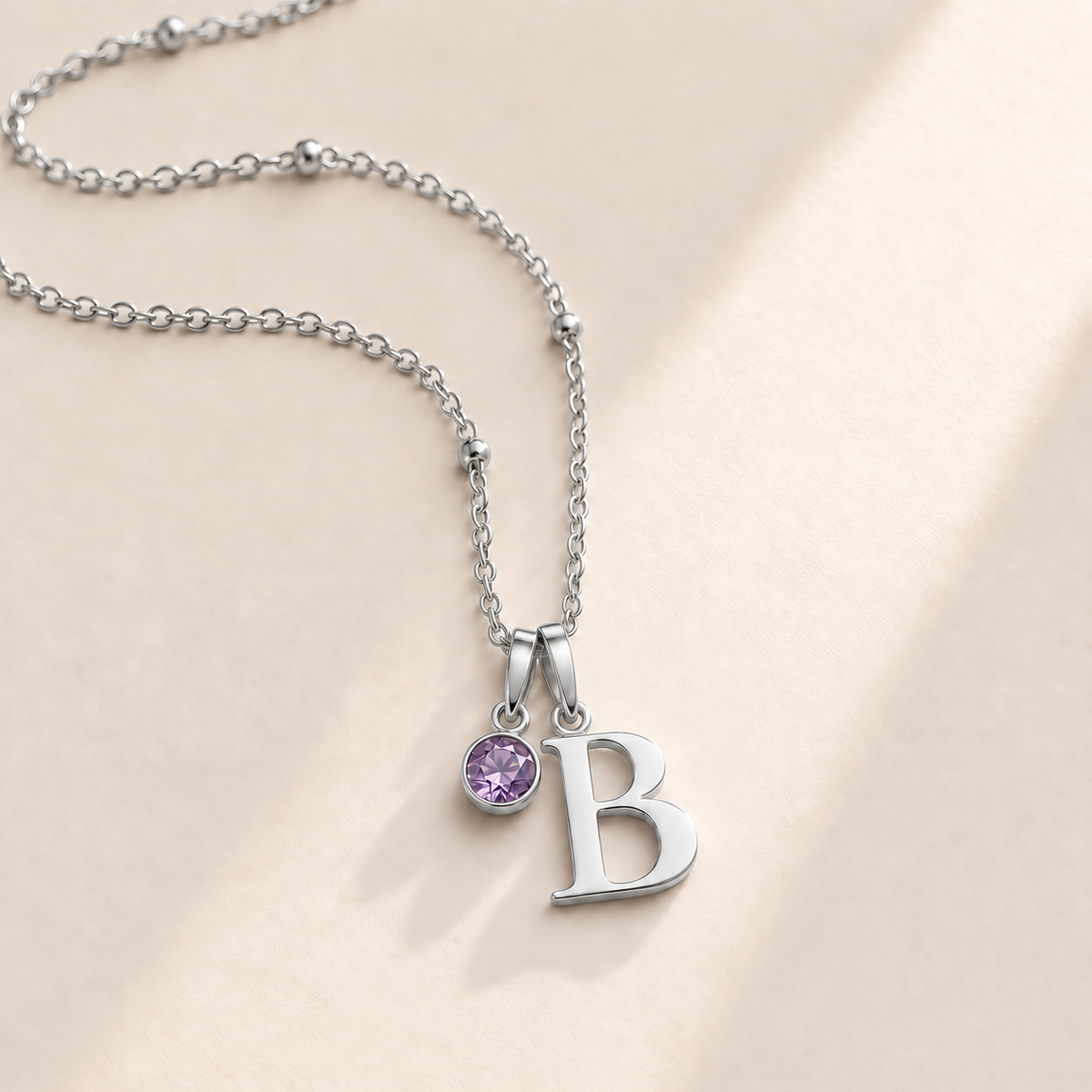 Custom Birthstone Initial Necklace june silver birthstone photo - serif initial B with round birthstone Anthology Jewelry
