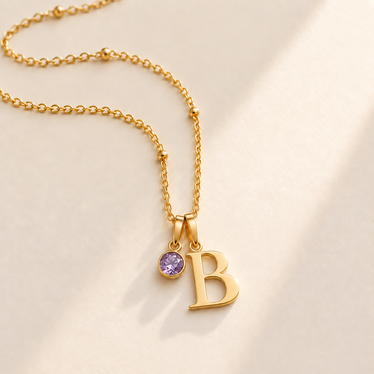 Custom Birthstone Initial Necklace stone june photo - two separate bails with serif initial B and round birthstone Anthology Jewelry
