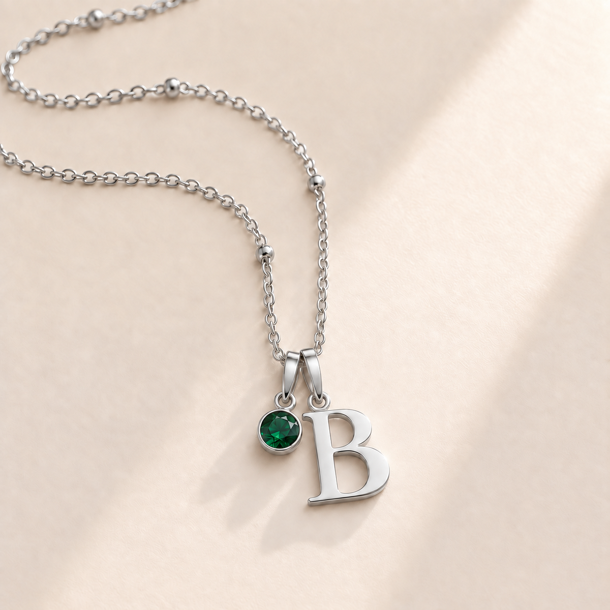 Custom Birthstone Initial Necklace may silver birthstone photo - serif initial B with round birthstone Anthology Jewelry