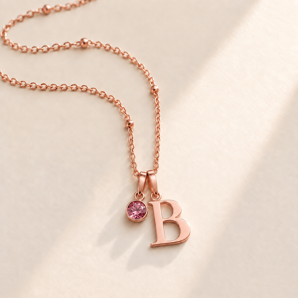 Custom Birthstone Initial Necklace october rose gold birthstone photo - serif initial B with round birthstone Anthology Jewelry