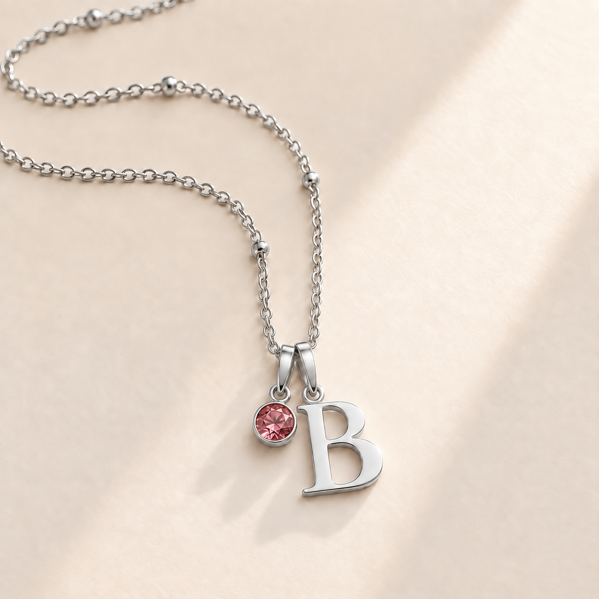 Custom Birthstone Initial Necklace october silver birthstone photo - serif initial B with round birthstone Anthology Jewelry