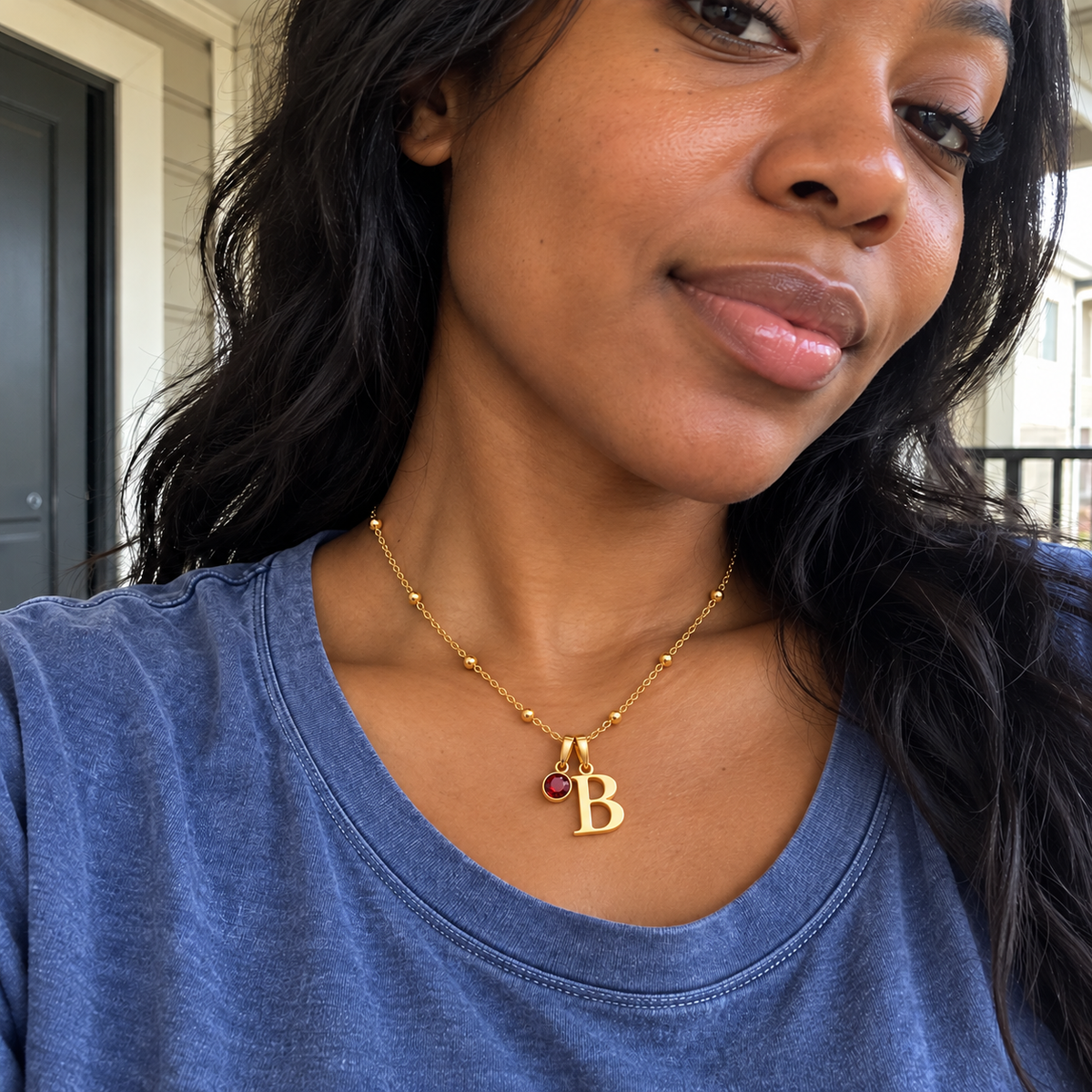 Custom Birthstone Initial Necklace ugc 1 photo - two separate bails with serif initial B and round birthstone Anthology Jewelry