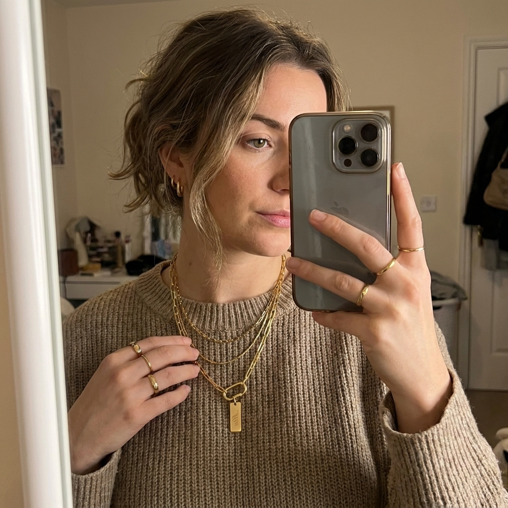 Custom Carabiner Charm Necklace UGC photo - candid mirror selfie wearing gold carabiner charm necklace Anthology Jewelry