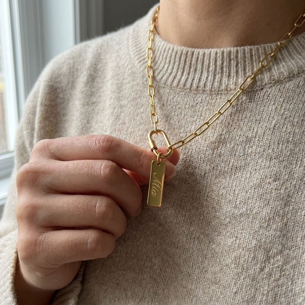 Custom Carabiner Charm Necklace UGC photo - candid shot holding gold carabiner charm necklace Anthology Jewelry