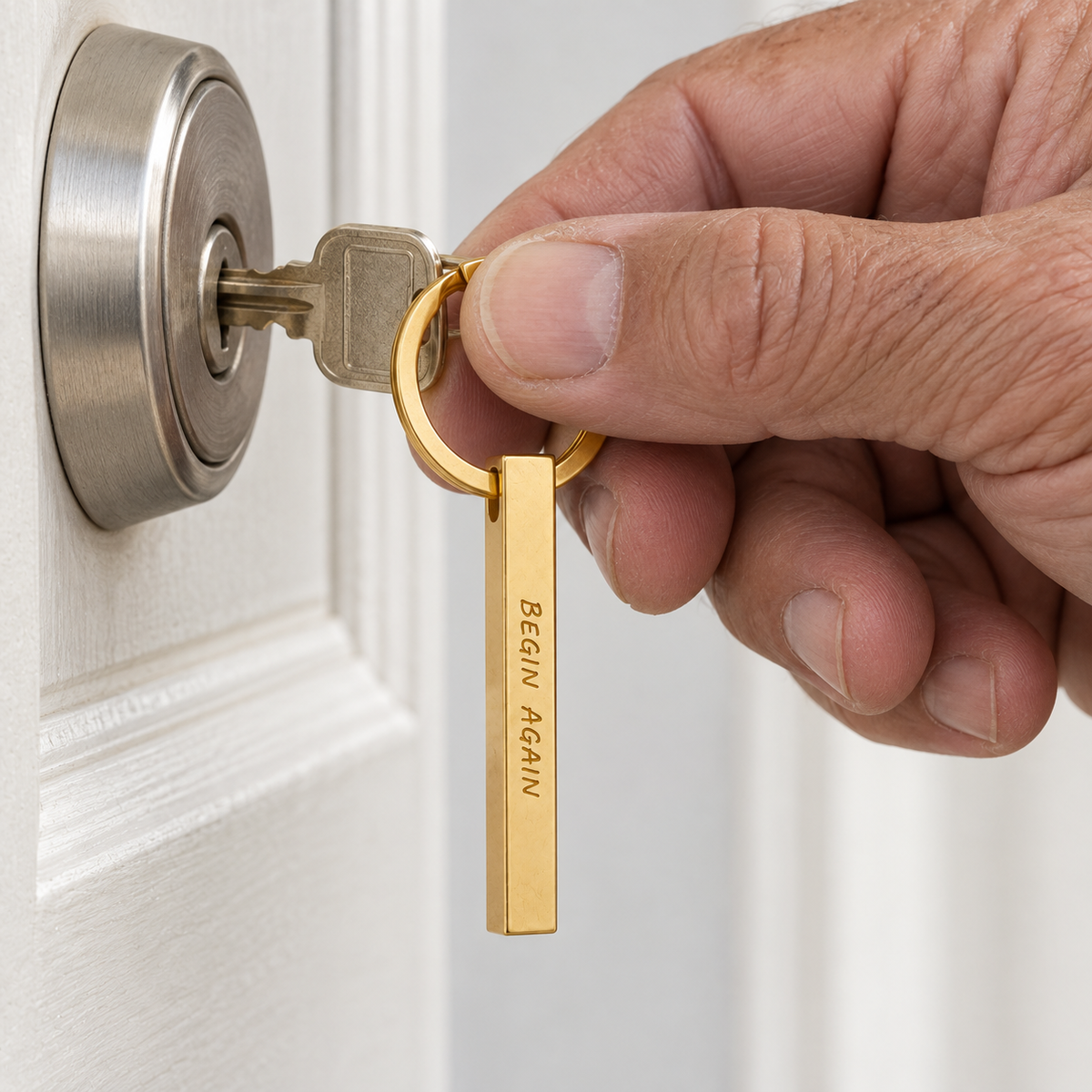 Older man using keys with a gold custom classic column keychain