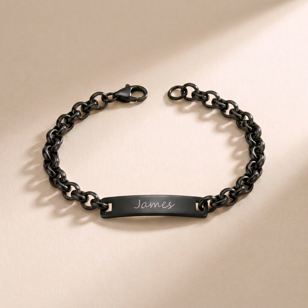 Custom Curb Chain ID Bracelet black pendant close up - engraved black ID bracelet Anthology Jewelry