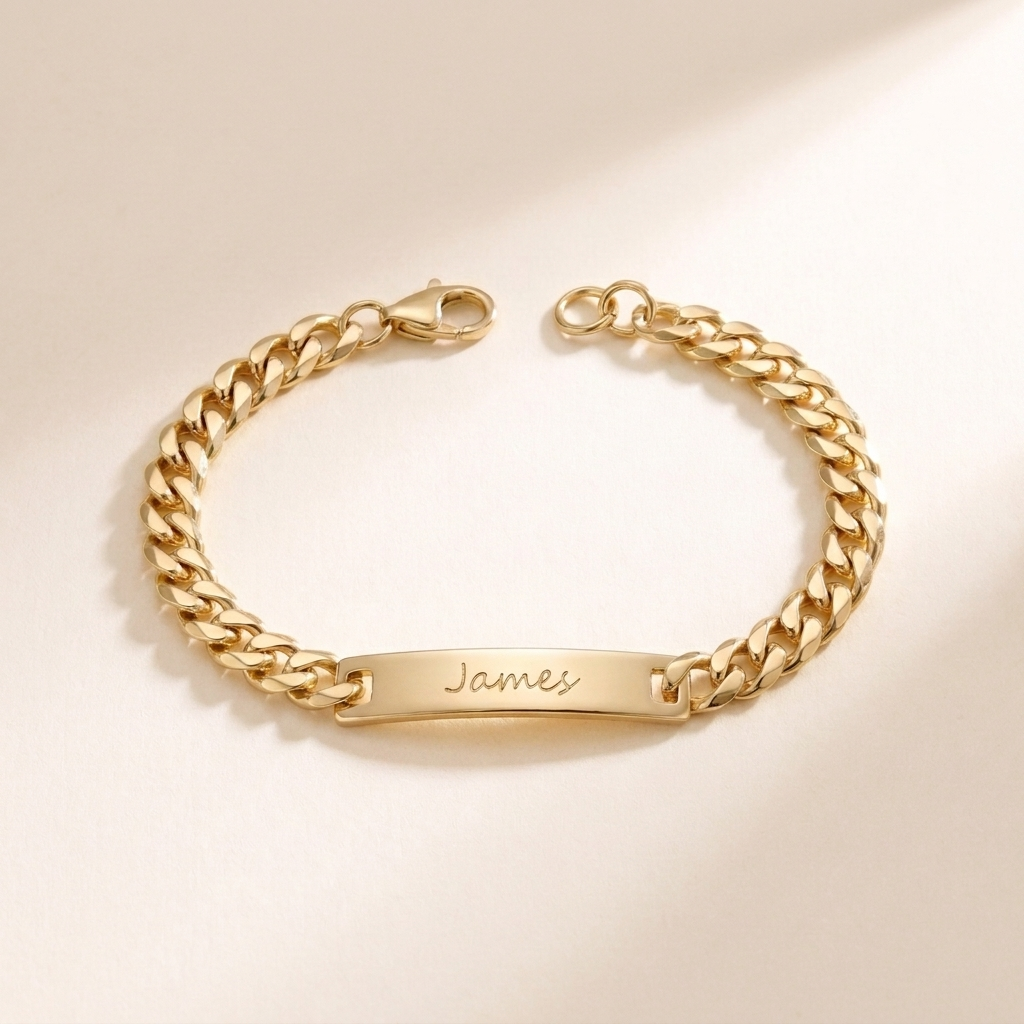 Custom Curb Chain ID Bracelet hero photo - men's engraved gold curb chain ID bracelet Anthology Jewelry