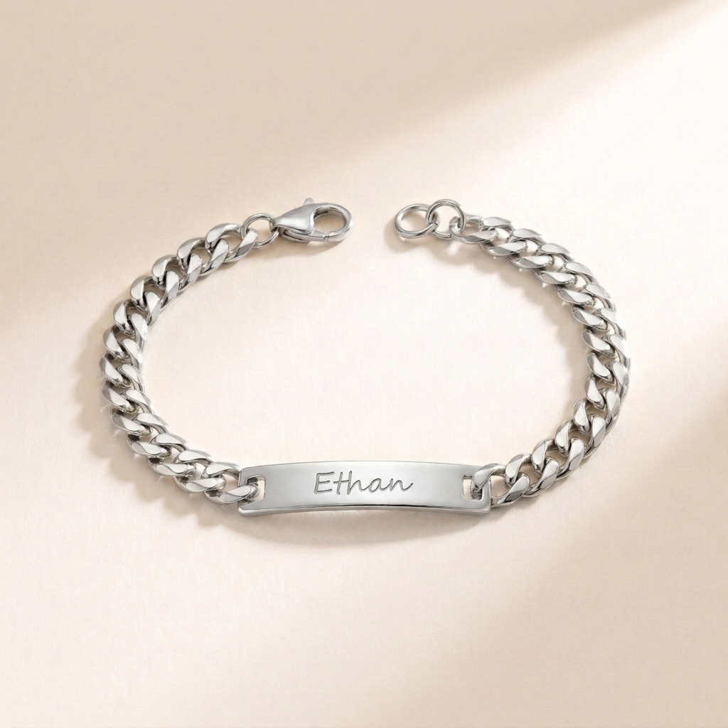 Custom Curb Chain ID Bracelet silver photo - engraved silver curb chain ID bracelet Anthology Jewelry