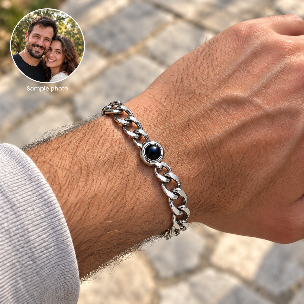 Custom Curb Link Photo Bracelet UGC-style photo - Silver open curb-link bracelet worn outdoors with dark projection lens and illustrative sample couple photo inset - Anthology Jewelry