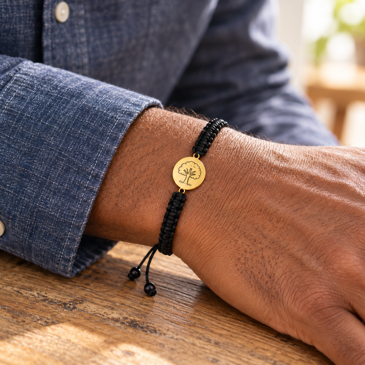 Custom Drawing Bracelet | Men's Black Braided Cord professional-lifestyle photo - gold hand-drawn tree engraving, generated design concept Anthology Jewelry