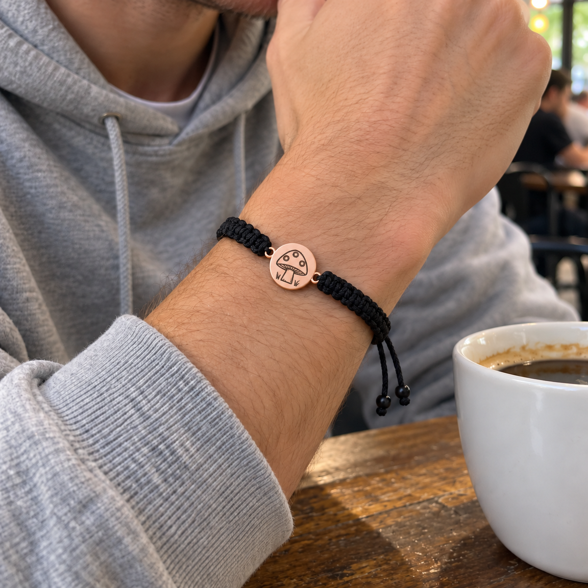 Custom Drawing Bracelet | Men's Black Braided Cord ugc photo - rose gold hand-drawn mushroom engraving, generated design concept Anthology Jewelry