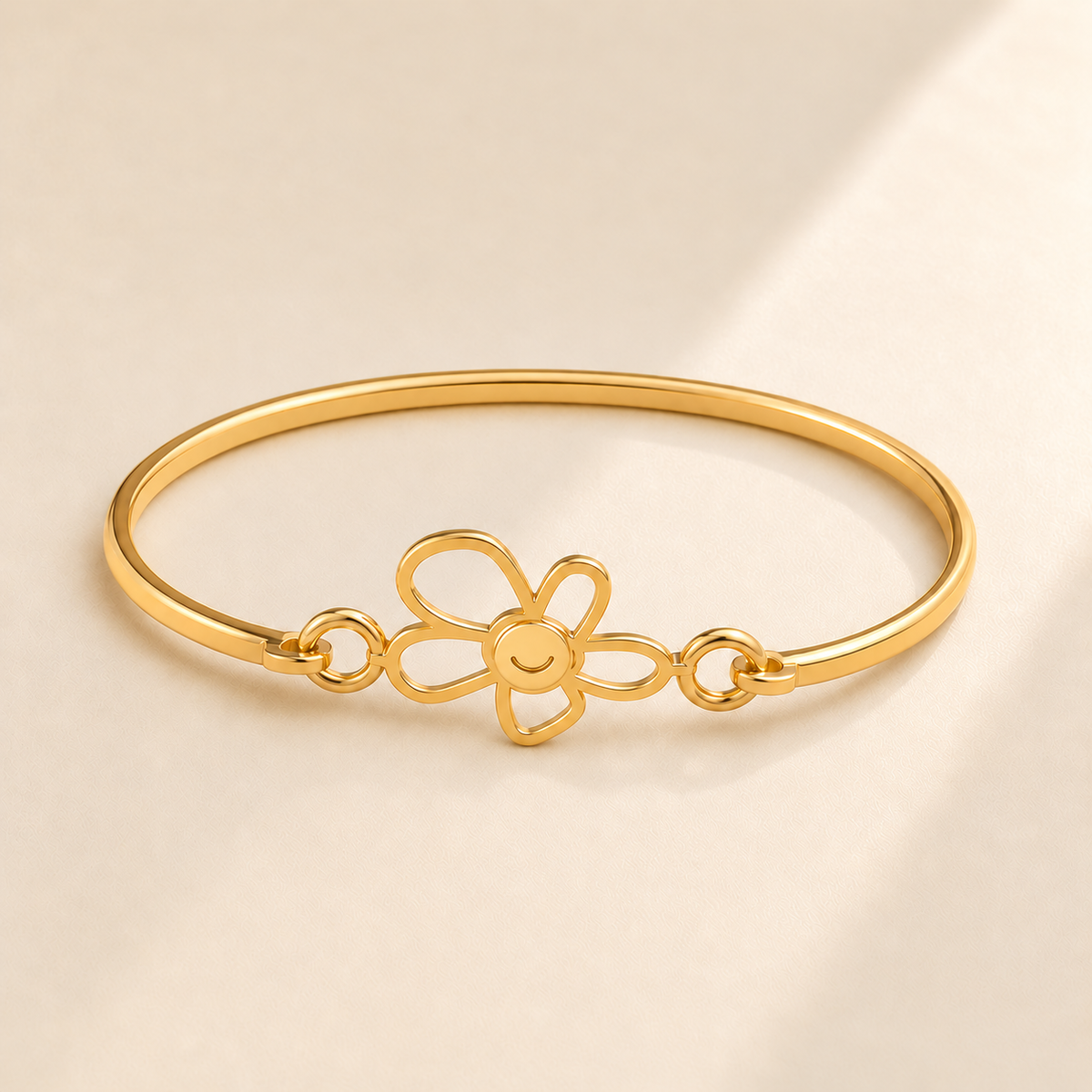Custom Drawing Cuff Bracelet hero photo - gold five-petal open flower with connected solid gold center and smile detail, Anthology Jewelry