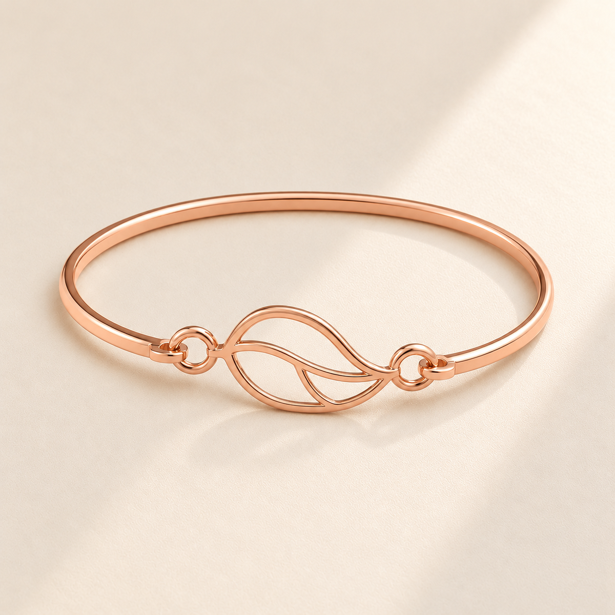 Custom Drawing Cuff Bracelet hero photo - rose gold open hand-drawn leaf, generated design concept Anthology Jewelry